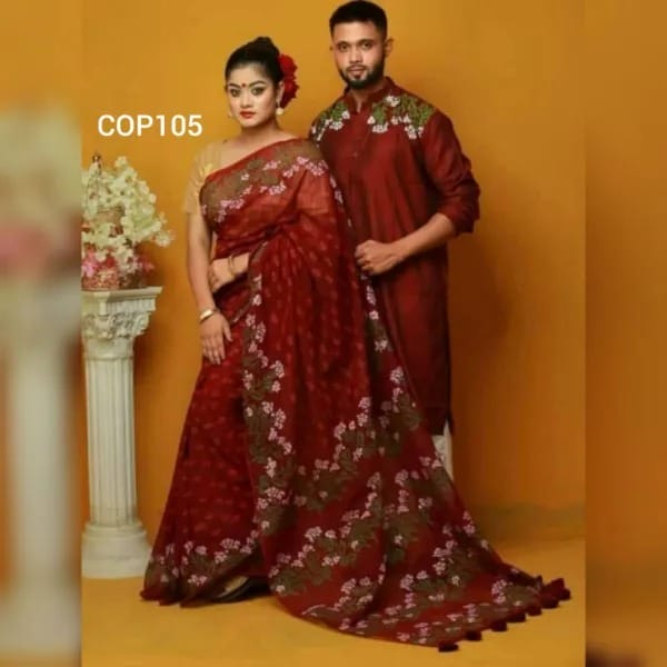 Hand Painted Half Silk Saree & Dhupian Panjabi Set COM166 - Image 2