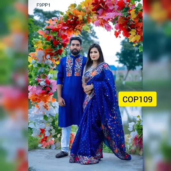 Hand Painted Half Silk Saree & Dhupian Panjabi Set COM166 - Image 3