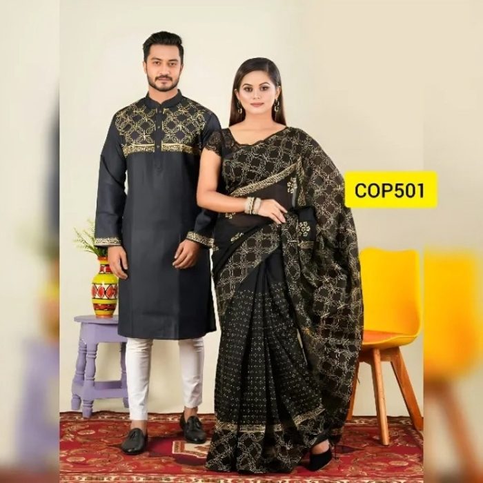 Black Printed Dhupian Silk Saree & Panjabi COP501