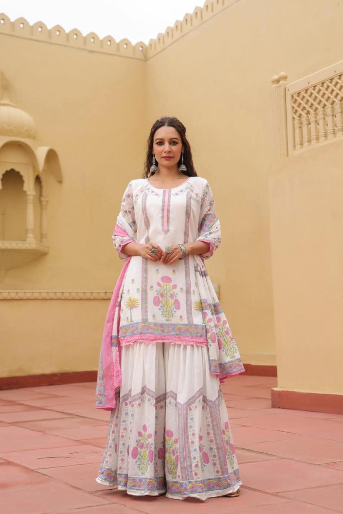 Elegant Cotton Sharara Three Piece Set with Dupatta