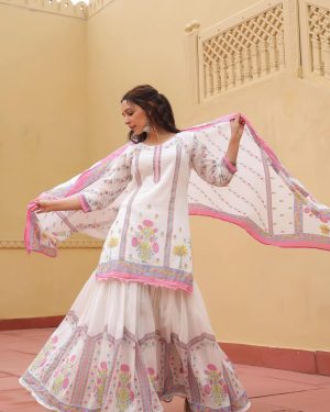 Elegant Cotton Sharara Three Piece Set with Dupatta