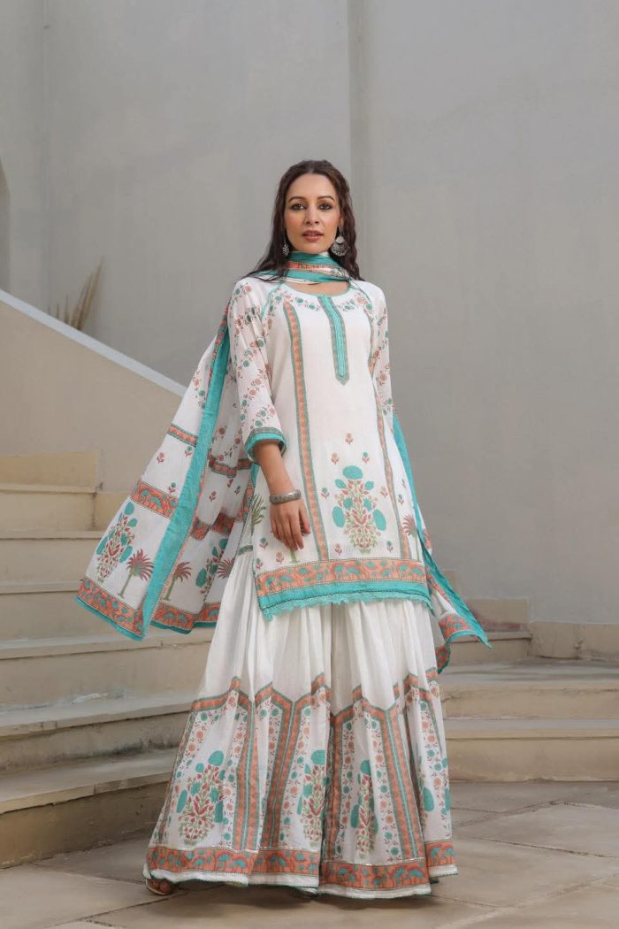 Elegant Cotton Sharara Three Piece Set with Dupatta - Image 6