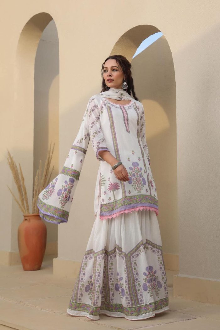 Elegant Cotton Sharara Three Piece Set with Dupatta