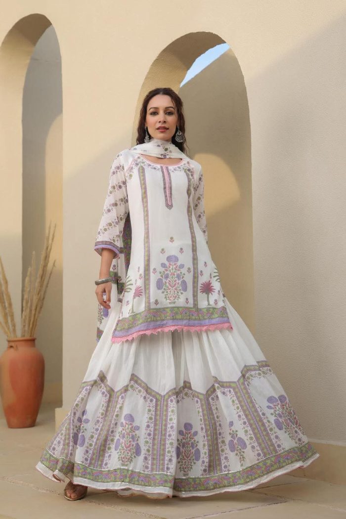 Elegant Cotton Sharara Three Piece Set with Dupatta - Image 4