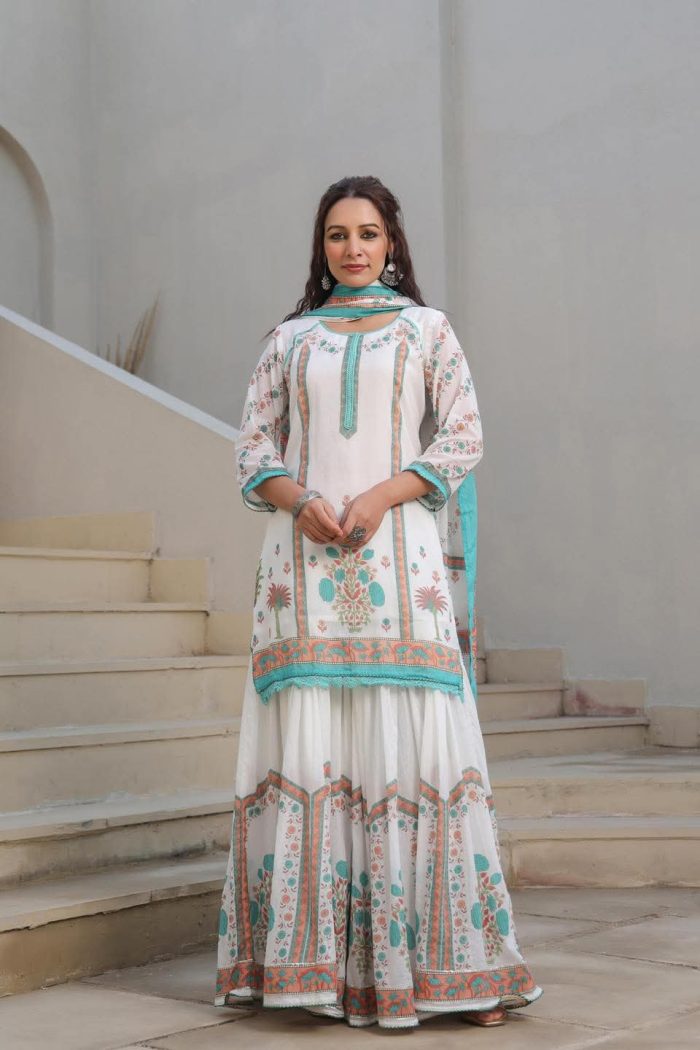 Elegant Cotton Sharara Three Piece Set with Dupatta