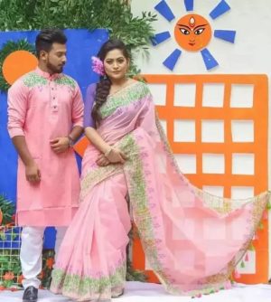 Exclusive Couple Dress Set | Half Silk Saree with Dhupian Silk Punjabi