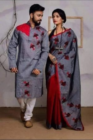 Exclusive Couple Dress Set | Half Silk Saree with Dhupian Silk
