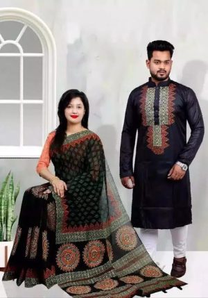 Exclusive Couple Dress Set | Half Silk Saree with Dhupian Silk