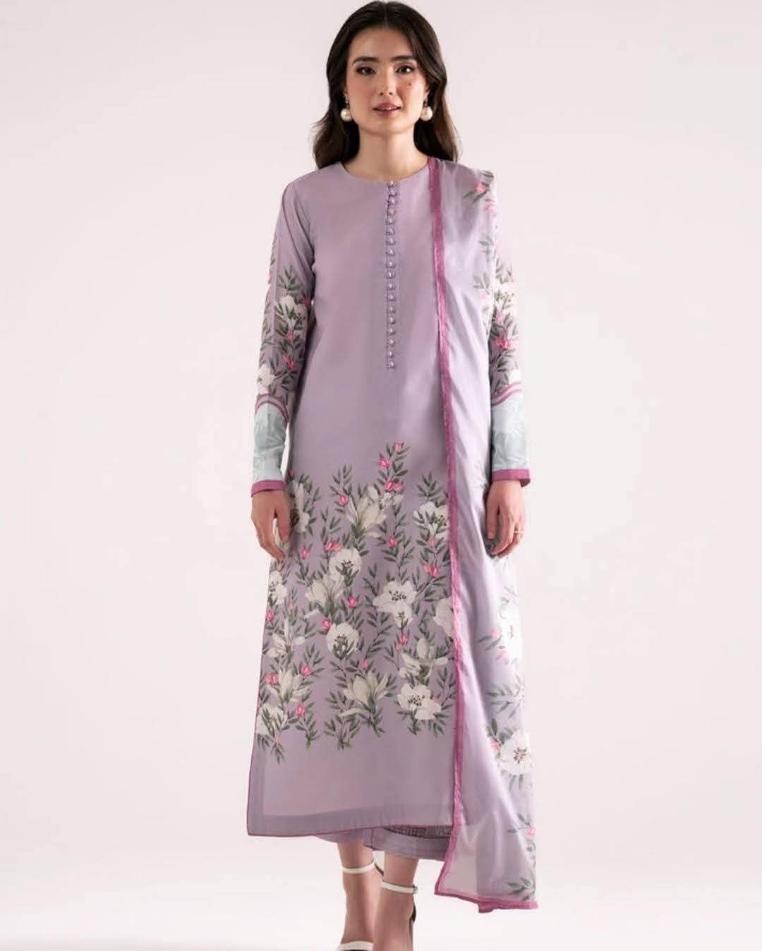 Digital Print Three-Piece Premium Silk & Cotton Ensemble