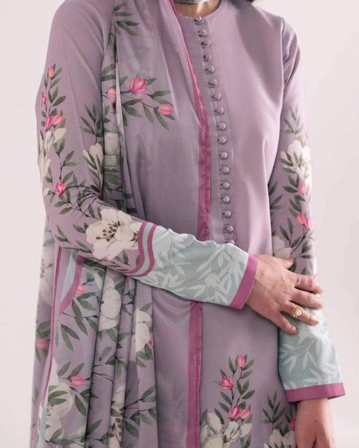 Digital Print Three-Piece Premium Silk & Cotton Ensemble