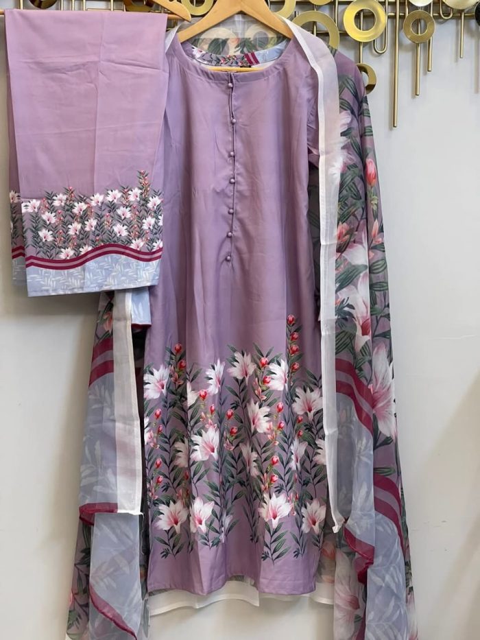 Digital Print Three-Piece Premium Silk & Cotton Ensemble