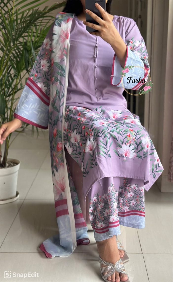 Digital Print Three-Piece Premium Silk & Cotton Ensemble