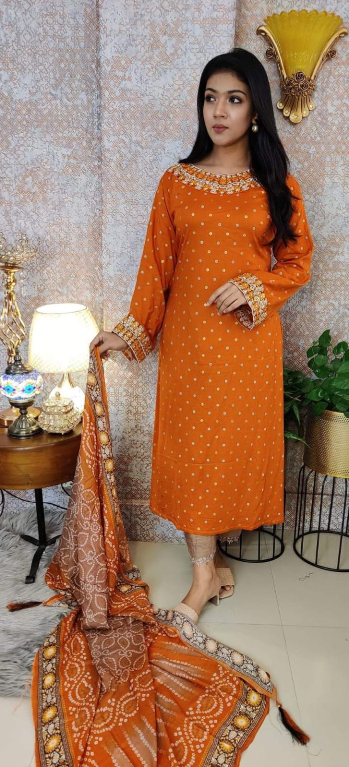 Premium Embroidered Kamiz with Skin Print